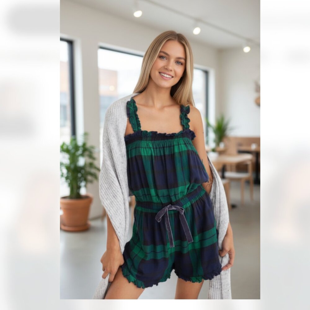 NWOT Aerie Flannel Pliad Romper Tie Detailing Green Blue Super Soft Small